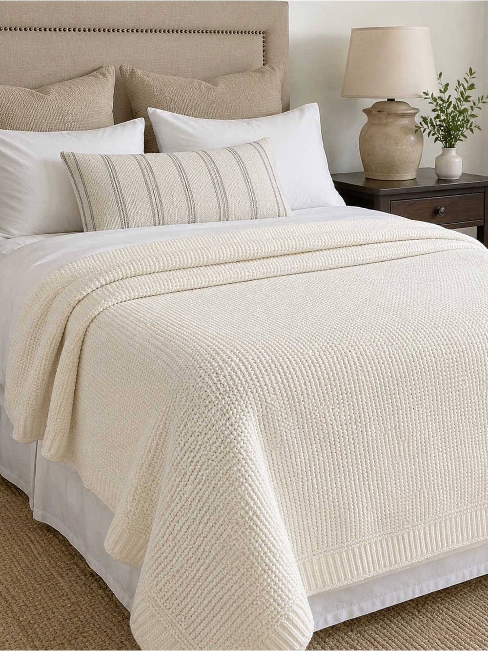 Pottery Barn Ivory Cotton Blend Knit Coverlet Queen Textured Blanket 92x96